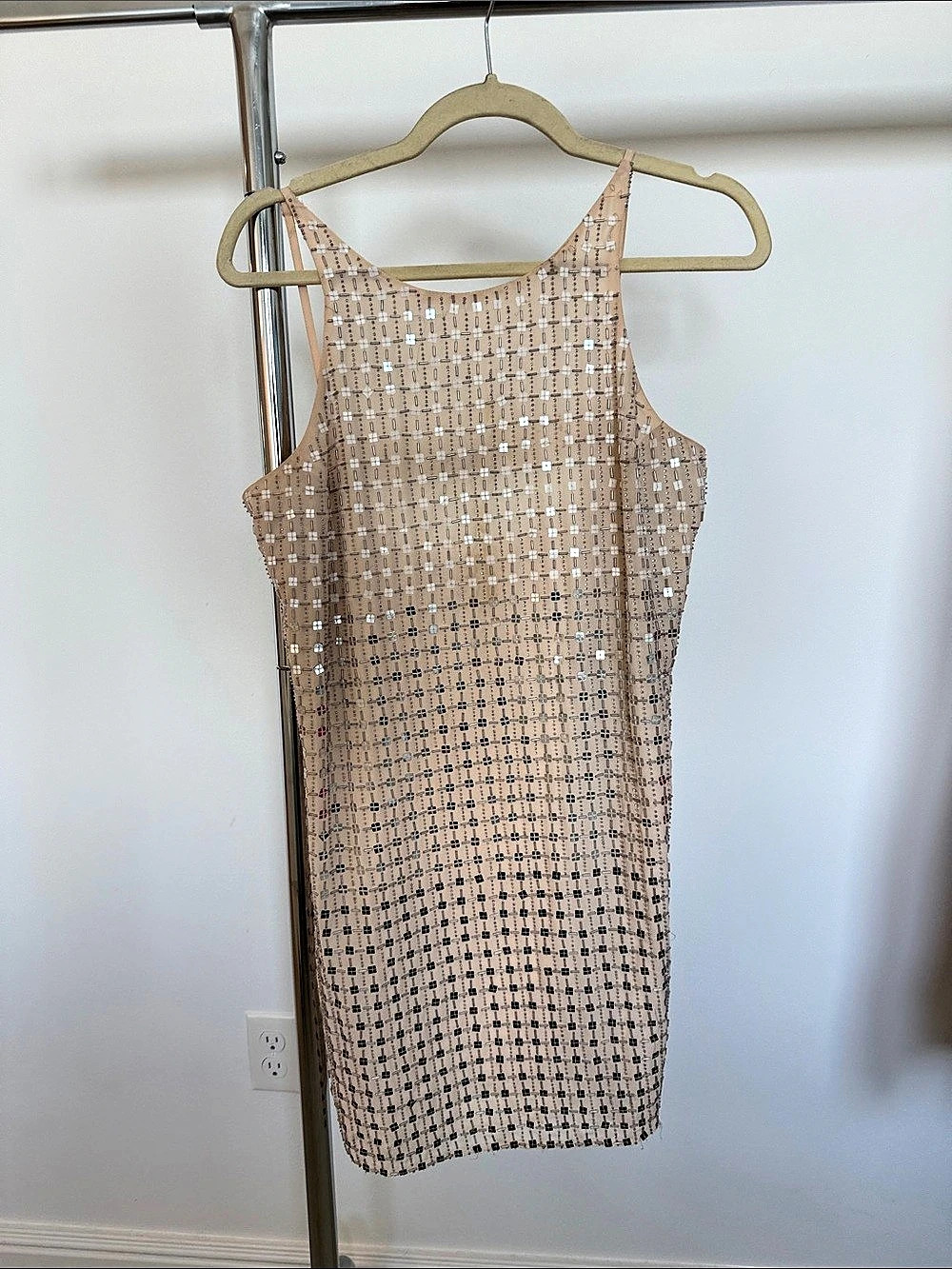 Parker Beaded Mesh Mini Dress in Beige & Silver Size Medium